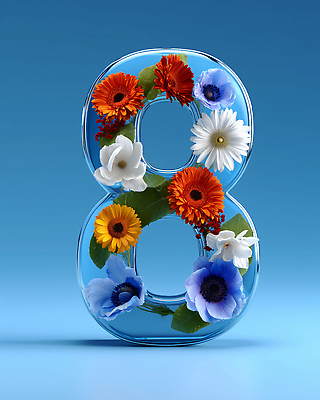 JPG 편집이미지 디자인 꽃 예술 컬러 백그라운드 자연 장식 파란색 숫자 투명 화려 8 시원함 구성 창의성 이미지편집 AI컴퓨터그래픽 AI콘텐츠 식물 문자 컨셉 생태계 파일형식