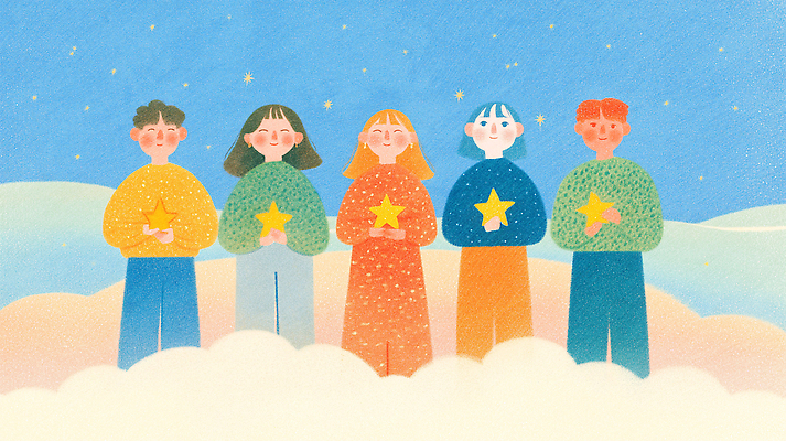 JPG 구름 옷 행복 감정 별 어린이 일러스트 하늘 표정 웃음 사람 장식 파란색 친구 즐거움 동심 국내일러스트 AI일러스트 AI콘텐츠 자연요소 컬러 관계 파일형식