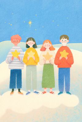 JPG 행복 감정 별 컬러 백그라운드 겨울 일러스트 자연 하늘 따뜻함 미소 친구 평화 우정 도전 눈 추억 조화 스타일 국내일러스트 AI일러스트 AI콘텐츠 자연요소 계절 컨셉 관계 날씨 표정 생태계 파일형식