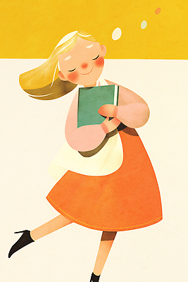 JPG 드레스 행복 감정 어린이 백그라운드 일러스트 모션 날리기 표정 미소 소녀 책 금발 노란색 주황색 자유 춤 즐거움 국내일러스트 AI일러스트 AI콘텐츠 헤어스타일 옷 여자 컬러 컨셉 문화예술 사람 파일형식