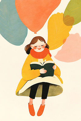 JPG 감정 컬러 일러스트 상상 자연 나뭇잎 따뜻함 창조 이야기 풍경 소녀 책 독서 외투 가을 편안함 즐거움 창의성 국내일러스트 AI일러스트 AI콘텐츠 계절 여자 어린이 상의 잎 감각 생태계 파일형식