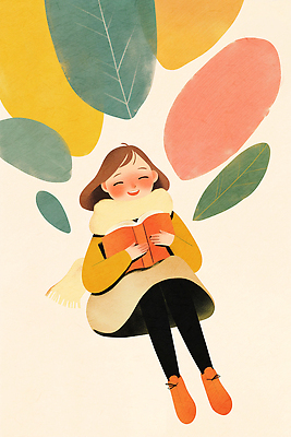 JPG 여자 행복 컬러 일러스트 모션 상상 자연 나뭇잎 따뜻함 표정 취미 책 스카프 외투 가을 시간 편안함 읽기 그림 국내일러스트 AI일러스트 AI콘텐츠 계절 감정 상의 잎 사람 목도리 감각 생태계 파일형식