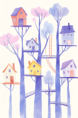 JPG 나무 디자인 건축 예술 컬러 일러스트 동화 수채화 풍경 장식 여름 계단 마을 연결 편안함 나무집 자작나무 뷰티풀 상상력 국내일러스트 AI일러스트 AI콘텐츠 식물 계절 주택 감각 파일형식