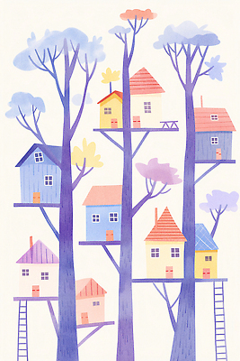 JPG 나무 디자인 컬러 일러스트 자연 놀이 주택 풍경 평화 마을 유치원 공간 높이 벽화 그림 나무집 창의력 아기자기 국내일러스트 AI일러스트 AI콘텐츠 식물 교육 컨셉 건물 생태계 파일형식