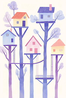 JPG 나무 디자인 창 컬러 일러스트 자연 주택 풍경 연결 높이 나무집 뷰티풀 풍요 가교 아기자기 국내일러스트 AI일러스트 AI콘텐츠 식물 건축물 무기 컨셉 건물 생태계 파일형식