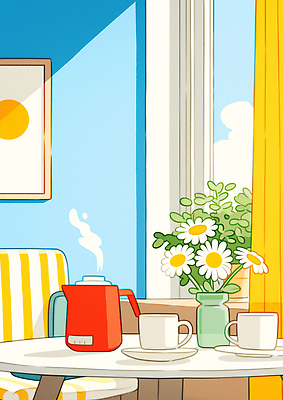 JPG 디자인 꽃 커피 일러스트 자연 탁자 주전자 휴식 조명 따뜻함 일상 컵 인테리어 햇빛 주방 꽃병 분위기 편안함 색감 오후 국내일러스트 AI일러스트 AI콘텐츠 식물 식기 음료 가구 컨셉 주방용품 라이프 태양 감각 생태계 파일형식