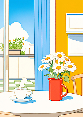 JPG 식물 커피 음료 음식 컬러 일러스트 창문 탁자 아침 주택 따뜻함 풍경 인테리어 평화 주방 꽃병 편안함 차분 국내일러스트 AI일러스트 AI콘텐츠 주간 디자인 꽃 가구 컨셉 건물 감각 파일형식