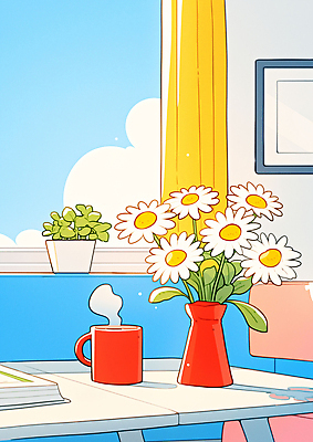 JPG 식물 꽃 행복 커피 컬러 일러스트 따뜻함 일상 인테리어 사무실 햇빛 꽃병 카페 방 분위기 편안함 창가 화사함 다과 오후 국내일러스트 AI일러스트 AI콘텐츠 디자인 감정 음료 컨셉 비즈니스 창문 디저트 라이프 태양 상점 감각 파일형식