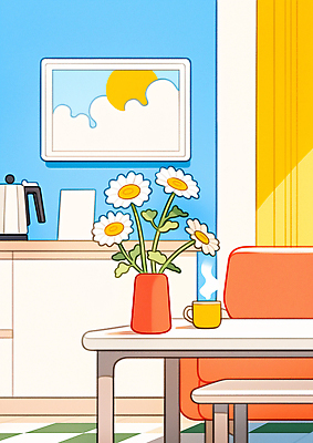 JPG 디자인 꽃 커피 의자 일러스트 자연 탁자 잔 실내 따뜻함 밝음 생활 인테리어 햇빛 평화 주방 꽃병 편안함 그림 색감 국내일러스트 AI일러스트 AI콘텐츠 식물 식기 음료 가구 컨셉 내부 태양 감각 생태계 파일형식