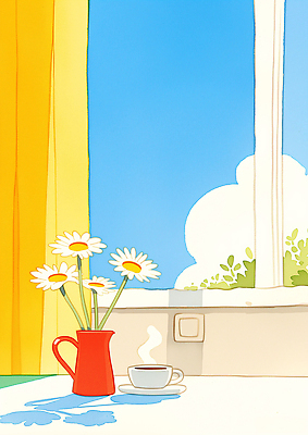 JPG 꽃 여유 커피 음료 일러스트 창문 가정 자연 아침 휴식 따뜻함 일상 햇빛 정원 카페 분위기 솜 창가 청량 국내일러스트 AI일러스트 AI콘텐츠 주간 식물 감정 컨셉 라이프 태양 상점 생태계 파일형식