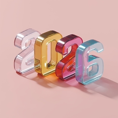 JPG 편집이미지 디자인 분홍색 컬러 조각 백그라운드 유리 기념 장식 숫자 투명 그림 창의성 2026년 편집3D AI컴퓨터그래픽 AI콘텐츠 문자 재질 3D 연도 파일형식