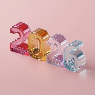 JPG 편집이미지 디자인 예술 분홍색 컬러 아이디어 장식 조형물 숫자 전시 투명 오브젝트 2026년 편집3D AI컴퓨터그래픽 AI콘텐츠 문자 컨셉 미술 3D 연도 파일형식