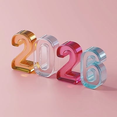 JPG 편집이미지 디자인 분홍색 컬러 백그라운드 장식 인테리어 숫자 유행 오브젝트 모던 반투명 아크릴 2026년 편집3D AI컴퓨터그래픽 AI콘텐츠 문자 재질 3D 연도 파일형식