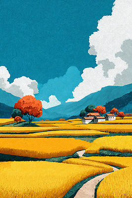 JPG 나무 구름 컬러 농업 일러스트 자연 하늘 산 풍경 초원 농장 평화 마을 수확 가을 농촌 황금 뷰티풀 전경 국내일러스트 AI일러스트 AI콘텐츠 자연요소 식물 계절 산업 컨셉 시골 생태계 파일형식 탑뷰