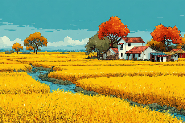 JPG 나무 구름 전통 단풍 농업 일러스트 자연 주택 풍경 초원 일상 강 농장 평화 환경 수확 가을 시골 풍요 국내일러스트 AI일러스트 AI콘텐츠 자연요소 식물 계절 산업 컨셉 잎 건물 라이프 생태계 파일형식