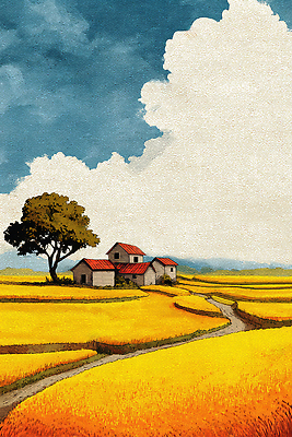 JPG 나무 구름 농업 일러스트 자연 하늘 주택 풍경 여름 농장 노란색 평화 고요 일몰 벼 농촌 시골 풍요 국내일러스트 AI일러스트 AI콘텐츠 자연요소 식물 계절 산업 컬러 컨셉 곡류 건물 노을 생태계 파일형식