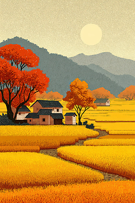 JPG 나무 여유 단풍 일러스트 자연 하늘 초가집 풍경 야외 태양 농장 평화 농사 가을 농촌 시골 전통집 산맥 국내일러스트 AI일러스트 AI콘텐츠 자연요소 식물 계절 감정 컨셉 잎 농업 산 한옥 주택 생태계 파일형식