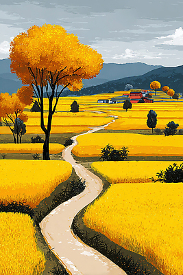 JPG 나무 구름 길 여유 일러스트 자연 하늘 산 풍경 초록색 평화 농사 금색 수확 가을 농촌 멀리 시골길 논밭 국내일러스트 AI일러스트 AI콘텐츠 자연요소 식물 계절 감정 컬러 컨셉 밭 농업 논 시골 생태계 파일형식