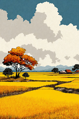 JPG 나무 구름 컬러 농업 일러스트 자연 하늘 날씨 산 풍경 초원 빛 고요 금색 가을 농촌 땅 논밭 풍요 국내일러스트 AI일러스트 AI콘텐츠 자연요소 식물 계절 산업 컨셉 밭 논 시골 생태계 파일형식