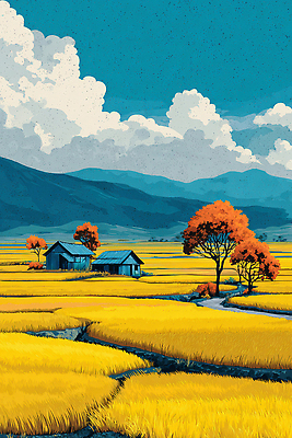 JPG 나무 농업 일러스트 자연 하늘 산 주택 풍경 평화 고요 수확 가을 농촌 시골 클라우드서비스 뷰티풀 색감 국내일러스트 AI일러스트 AI콘텐츠 식물 계절 산업 컨셉 건물 서비스 생태계 파일형식