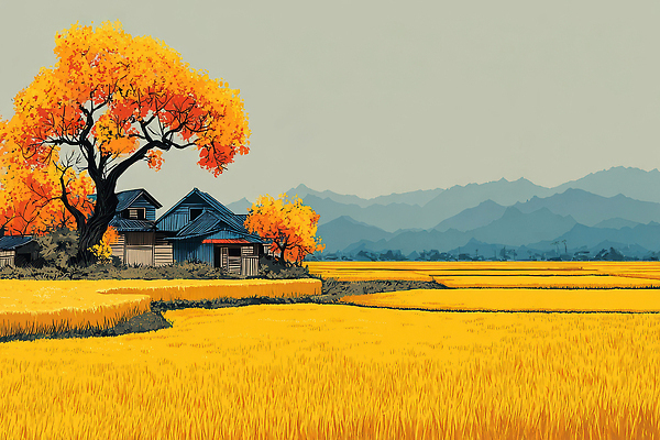 JPG 나무 계절 단풍 농업 일러스트 자연 하늘 산 논 풍경 여름 평화 금색 가을 농촌 시골 시원함 땅 조화 국내일러스트 AI일러스트 AI콘텐츠 식물 산업 컬러 컨셉 잎 생태계 파일형식