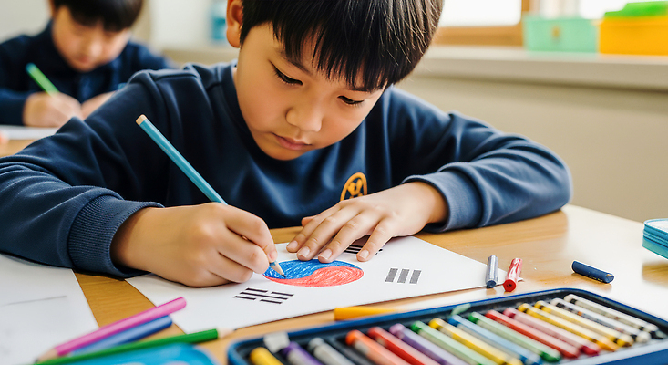 JPG 편집이미지 학생 교육 교실 모션 색연필 한국 초등학교 미술 작업 국기 집중 교과서 그림 창의력 의료성형뷰티 편집실사 AI포토 AI인물포토 AI콘텐츠 아시아 컨셉 학교 문화예술 학용품 교재 CG 파일형식