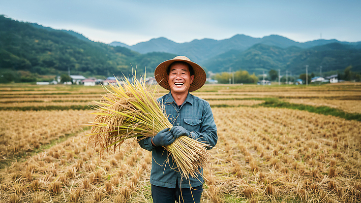 JPG 편집이미지 계절 농업 자연 산 건강 웃음 풍경 일상 농작물 농장 농사 수확 벼 농부 수확철 의료성형뷰티 편집실사 AI포토 AI인물포토 AI콘텐츠 직업 산업 곡류 표정 라이프 CG 생태계 파일형식