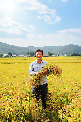 JPG 편집이미지 농업 자연 하늘 산 웃음 풍경 햇빛 수확 벼 쌀 가을 농촌 작업 농부 의료성형뷰티 편집실사 AI포토 AI인물포토 AI콘텐츠 직업 계절 산업 곡류 표정 태양 시골 CG 생태계 파일형식