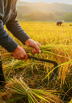 JPG 편집이미지 손 여유 농업 자연 초원 햇빛 농사 수확 벼 농촌 작업 농부 농기구 오후 의료성형뷰티 편집실사 AI포토 AI인물포토 AI콘텐츠 직업 감정 산업 곡류 신체부위 태양 시골 CG 생태계 파일형식