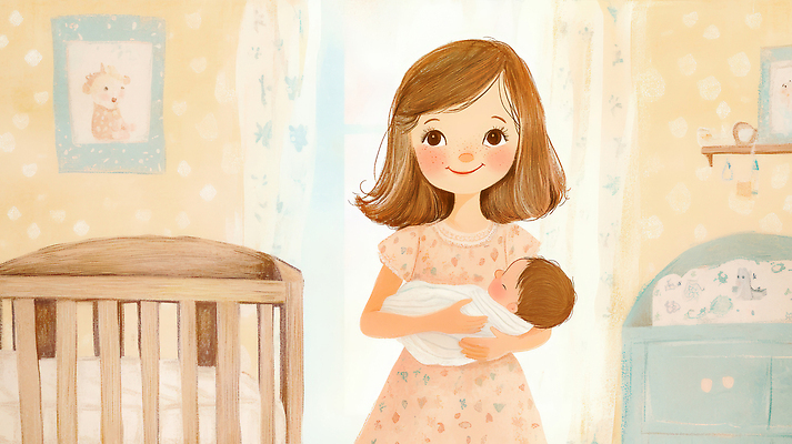 JPG 딸 행복 일러스트 가족 엄마 따뜻함 사랑 미소 인테리어 방 아기 크림 아기침대 아이방 포용 국내일러스트 AI일러스트 AI콘텐츠 디자인 감정 컨셉 관계 표정 사람 아기용품 침대 파일형식