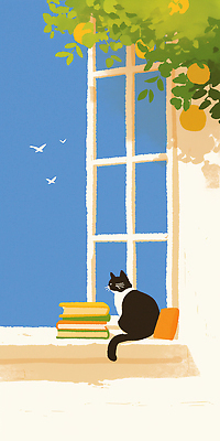 JPG 일러스트 휴식 실내 일상 책 여름 반려동물 독서 햇빛 귀여움 고양이 산책 발코니 선탠 편안함 창가 조용 국내일러스트 AI일러스트 AI콘텐츠 동물 계절 컨셉 창문 포유류 내부 라이프 태양 감각 파일형식