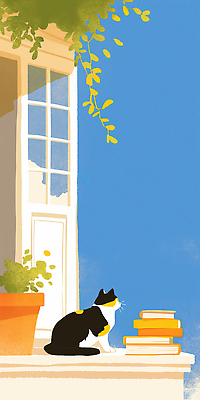 JPG 식물 여유 일러스트 창문 자연 하늘 휴식 실내 따뜻함 미소 풍경 일상 책 태양 검은색 고양이 흰색 편안함 창가 조용 오후 국내일러스트 AI일러스트 AI콘텐츠 자연요소 감정 컬러 컨셉 포유류 표정 내부 라이프 반려동물 감각 생태계 파일형식