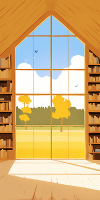 JPG 나무 여유 일러스트 창문 자연 하늘 책장 풍경 독서 햇빛 노란색 평화 공간 서재 편안함 창밖 조화 경관 국내일러스트 AI일러스트 AI콘텐츠 식물 감정 컬러 가구 컨셉 태양 감각 생태계 파일형식