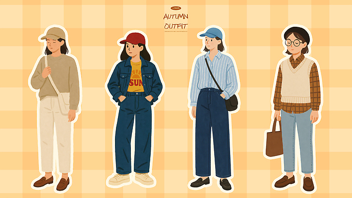 PSD 모델 모자 디자인 옷 패션 컬러 신발 셔츠 일러스트 장신구 아이디어 캐주얼 유행 가을 청바지 선택 편안함 스웨터 조합 스타일 국내일러스트 잡화 계절 컨셉 상의 바지 감각 파일형식