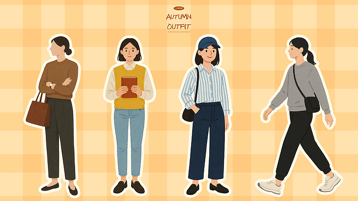 PSD 디자인 옷 여자 패션 컬러 이동 패턴 일러스트 장신구 아이디어 캐주얼 갈색 유행 가을 분위기 편안함 심플 조화 오피스룩 스타일 국내일러스트 계절 컨셉 무늬 비즈니스 사람 감각 파일형식