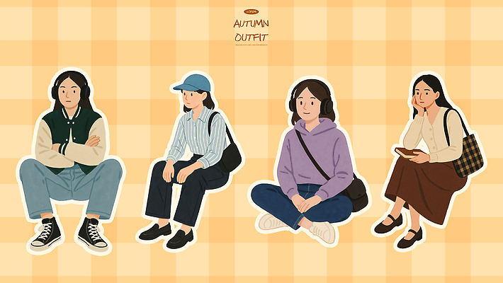 PSD 디자인 옷 여자 패션 컬러 패턴 일러스트 장신구 대화 앉기 일상 캐주얼 친구 모임 가을 도시 감각 즐거움 커뮤니티 스타일 국내일러스트 계절 감정 무늬 관계 모션 말하기 사람 라이프 파일형식