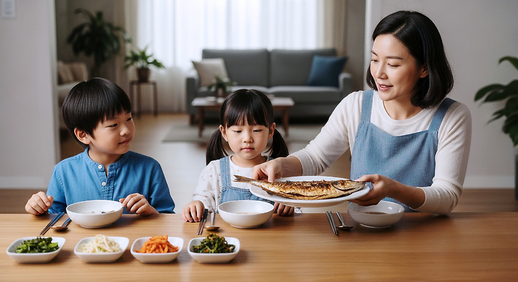 JPG 편집이미지 음식 거실 가족 탁자 엄마 따뜻함 어류 요리 식사 저녁 즐거움 모던 의료성형뷰티 편집실사 AI포토 AI인물포토 AI콘텐츠 감정 가구 관계 수중동물 야간 CG 파일형식