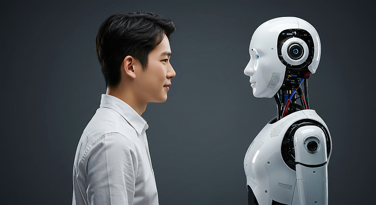 JPG 편집이미지 디자인 남자 감정 미래 기술 대화 사람 기계 발전 로봇 교류 혁명 첨단 의료성형뷰티 상호작용 AI_인공지능 편집실사 AI포토 AI인물포토 AI콘텐츠 컨셉 말하기 CG 파일형식