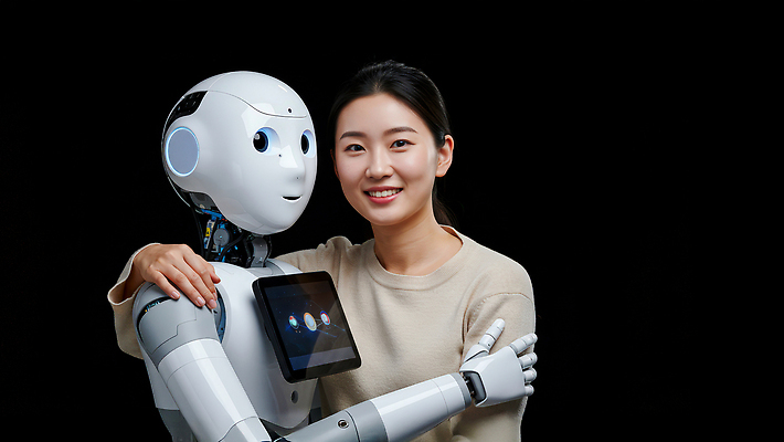 JPG 편집이미지 여자 관계 포옹 미래 기술 따뜻함 웃음 사람 친구 로봇 교감 혁명 기술발전 의료성형뷰티 AI_인공지능 편집실사 AI포토 AI인물포토 AI콘텐츠 컨셉 안기 표정 발전 CG 파일형식