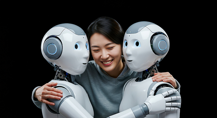 JPG 편집이미지 여자 행복 감정 포옹 미래 기술 따뜻함 미소 사람 로봇 교감 혁명 의료성형뷰티 상호작용 AI_인공지능 편집실사 AI포토 AI인물포토 AI콘텐츠 컨셉 안기 표정 CG 파일형식