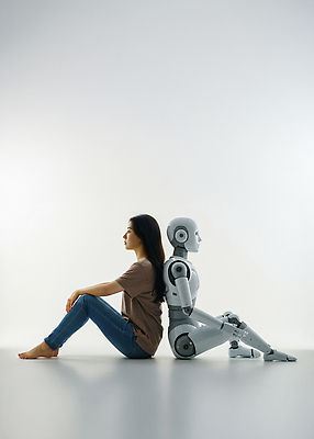 JPG 편집이미지 디자인 여자 신체 미래 조명 기술 대화 사람 친구 고요 공간 로봇 동반자 의료성형뷰티 편집실사 AI포토 AI인물포토 AI콘텐츠 컨셉 관계 말하기 CG 파일형식