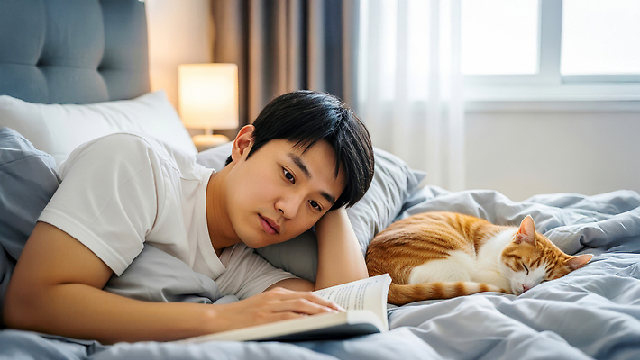 JPG 편집이미지 남자 조명 취미 일상 책 독서 고양이 방 침대 편안함 주말 자기계발 주거공간 의료성형뷰티 편집실사 AI포토 AI인물포토 AI콘텐츠 가구 포유류 사람 라이프 반려동물 공간 감각 CG 파일형식