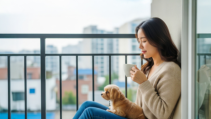 JPG 편집이미지 여자 여유 커피 아침 휴식 웃음 풍경 일상 반려동물 소파 발코니 도시 강아지 편안함 의료성형뷰티 편집실사 AI포토 AI인물포토 AI콘텐츠 주간 동물 감정 음료 컨셉 의자 표정 사람 라이프 감각 개 CG 파일형식