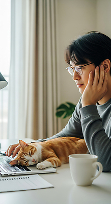 JPG 동물 편집이미지 관계 주택 일상 노트북 반려동물 햇빛 고양이 작업 집중 재택근무 오후 의료성형뷰티 편집실사 AI포토 AI인물포토 AI콘텐츠 컨셉 비즈니스 포유류 건물 라이프 전자제품 태양 CG 파일형식