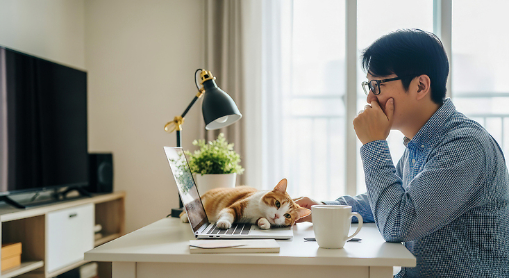 JPG 편집이미지 남자 커피 사람 일상 노트북 반려동물 햇빛 고양이 방 작업 편안함 집중 재택근무 의료성형뷰티 편집실사 AI포토 AI인물포토 AI콘텐츠 동물 음료 컨셉 비즈니스 포유류 라이프 전자제품 태양 감각 CG 파일형식