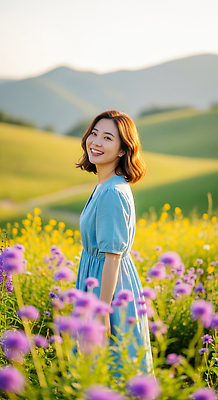 JPG 편집이미지 원피스 여자 꽃 행복 컬러 꽃밭 자연 웃음 풍경 초원 여름 파란색 햇빛 언덕 의료성형뷰티 편집실사 AI포토 AI인물포토 AI콘텐츠 식물 옷 계절 감정 표정 사람 태양 CG 생태계 파일형식