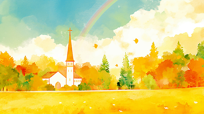 JPG 나무 무지개 일러스트 자연 하늘 풍경 건물 세로 농장 교회 평화 고요 가을 시골 흔들림 눈부심 뷰티풀 색채 싱그러움 국내일러스트 AI일러스트 AI콘텐츠 자연요소 식물 건축물 계절 컨셉 농업 종교건축 모션 생태계 파일형식