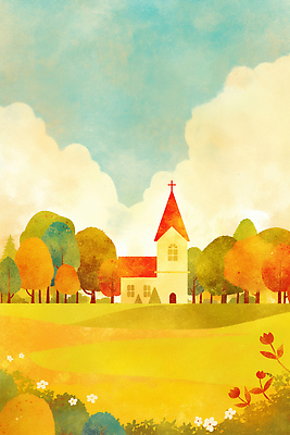 JPG 나무 구름 꽃 단풍 일러스트 자연 하늘 산 풍경 초원 빨간색 초록색 노란색 교회 평화 고요 가을 시골 색감 풍경화 국내일러스트 AI일러스트 AI콘텐츠 자연요소 식물 계절 컬러 컨셉 잎 종교건축 건물 그림 생태계 파일형식