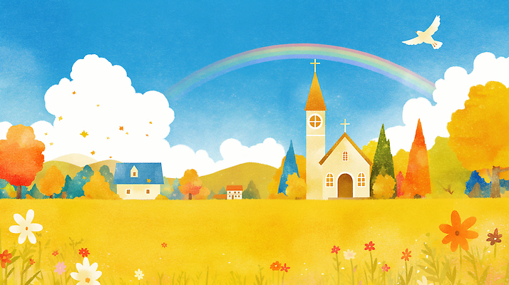 JPG 나무 구름 계절 꽃 나비 무지개 일러스트 자연 여름 햇빛 교회 평화 고요 시골 신성 풍경화 국내일러스트 AI일러스트 AI콘텐츠 자연요소 식물 곤충 컨셉 종교건축 건물 태양 그림 생태계 파일형식