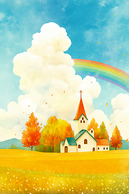 JPG 나무 컬러 무지개 일러스트 자연 하늘 바람 나뭇잎 풍경 햇빛 소풍 교회 평화 정원 금색 가을 클라우드서비스 뷰티풀 풍경화 국내일러스트 AI일러스트 AI콘텐츠 자연요소 식물 계절 컨셉 잎 종교건축 날씨 건물 태양 야외활동 서비스 그림 생태계 파일형식